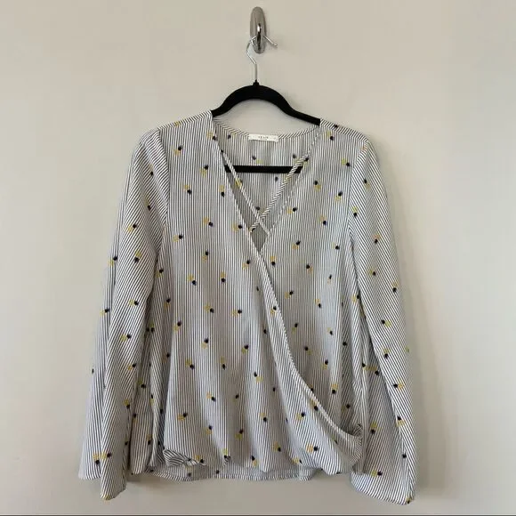 Le Lis-Pinstripe and Pineapple Faux Wrap Slit Bell Sleeve Top (Medium) - Picture 1 of 10